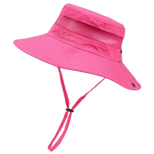 Pink outdoor sun hat with breathable mesh panel wide brim and adjustable chin strap for summer.
