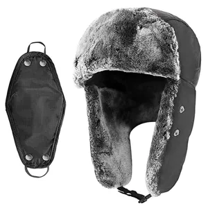 Windproof winter trapper hat with face mask, thick warm faux fur earflap cap for cold weather ski.