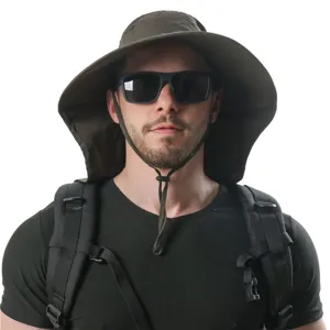 Outdoor sun protection bucket hat with neck flap and windproof rope for men and women hiking.