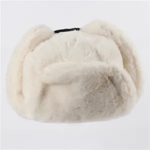 Thickened faux rabbit fur ushanka hat with earflaps, winter warm trapper cap for cold weather.
