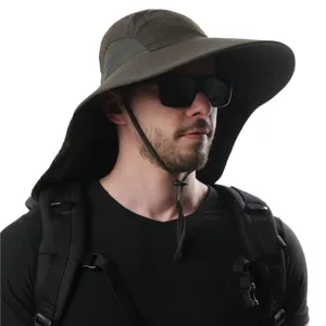 Close-up detail of outdoor sun hat with breathable mesh panels and long neck flap protection.