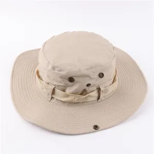 Unisex cotton outdoor boonie hat solid color sun protection hiking fishing cap beige
