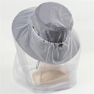 Detail view of grey outdoor anti-mosquito sun hat with fine mesh face net and quick-dry brim.