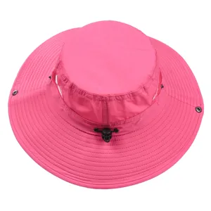 Pink wide brim sun hat detail view, breathable mesh sides and adjustable chin cord.