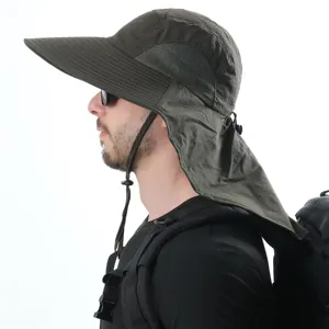 Outdoor sun protection hat with neck flap, breathable fishing cap for men and women details.