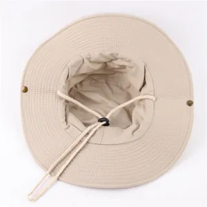 Khaki cotton bucket hat with adjustable chin strap and side snap buttons for outdoor use.