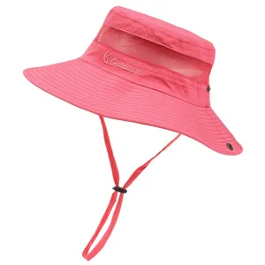 Pink summer outdoor sun hat wide brim breathable mesh bucket hat with windproof strap