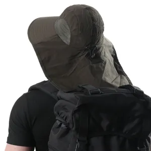 Detail shot of outdoor sun protection hat with neck flap and breathable mesh, worn from back.