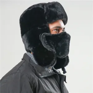 Black faux fur ushanka winter bomber hat with windproof face mask for cold weather warmth.