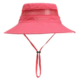 Close-up detail of the breathable summer sun bucket hat with mesh and adjustable chin strap.