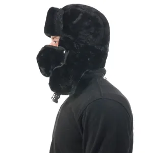 Side detail view of the winter warm faux fur ushanka trapper hat with ear flaps and mask.