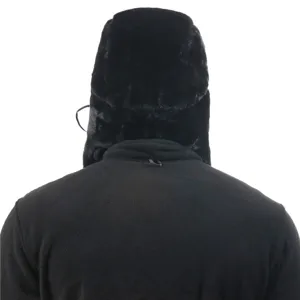 Winter warm black faux rabbit fur ushanka hat with thick earflaps, cozy cold weather trapper cap.