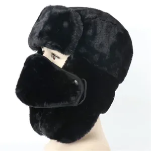 Black faux rabbit fur ushanka hat with warm earflaps and face mask for cold winter.