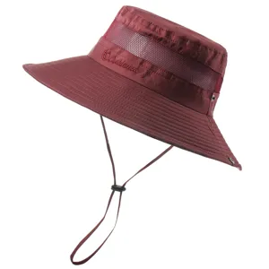 Burgundy outdoor sun protection bucket hat with breathable mesh and adjustable chin cord.