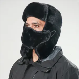 Close-up detail of winter warm faux rabbit fur ushanka hat with earflaps and face mask.