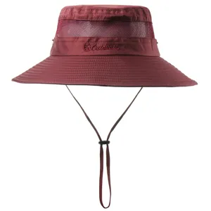 Wine red wide brim bucket hat with breathable mesh and windproof rope for outdoor summer sun.