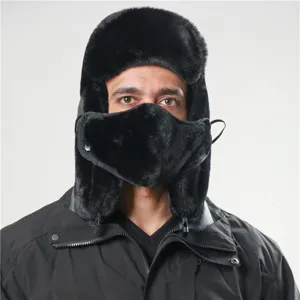 Black faux rabbit fur winter ushanka hat with earflap and face mask for cold weather.