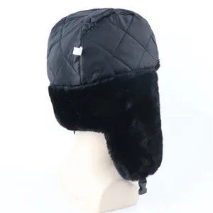 Black quilted winter ushanka hat with soft faux fur ear flaps for cold weather protection.