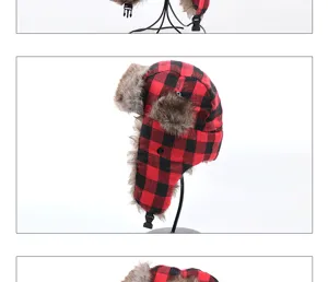Κόκκινο μαύρο καπέλο ushanka χειμώνα με συνθετική γούνα αυτιών και αντιανεμικό σχεδιασμό.