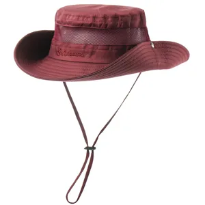 Solid color wide brim sun hat for outdoor sports, breathable mesh design with adjustable chin strap.