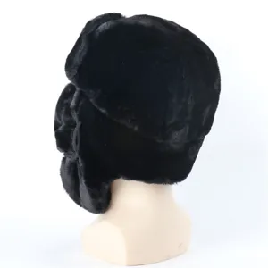 Black faux fur trapper hat with thick earflaps, warm winter bomber hat for men and women.