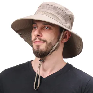 Khaki wide brim sun hat for men and women outdoor breathable mesh bucket hat summer beach cap