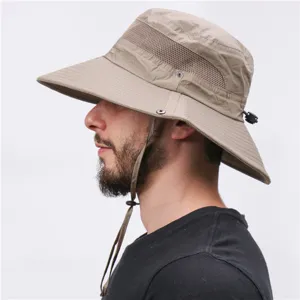 Outdoor sun protection bucket hat side detail, breathable mesh design, khaki wide brim
