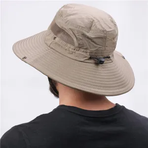Outdoor sun protection bucket hat with wide brim, breathable mesh and adjustable drawstring.