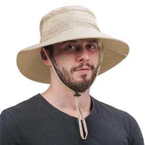 Detailed view of the wide brim outdoor sun hat with breathable mesh and adjustable chin cord.