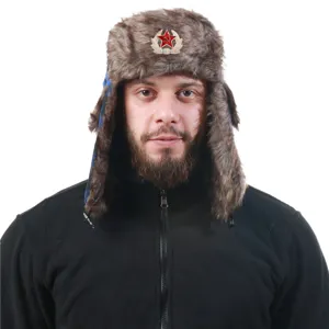 Σοβιετικό καπέλο ushanka με σήμα, ζεστός χειμερινός αντιανεμικός σκούφος με προστατευτικά.