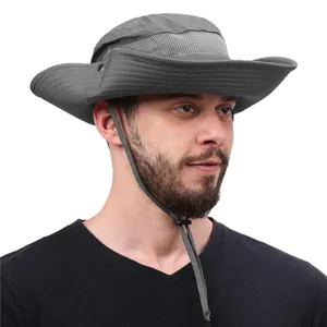 Detailed view of grey outdoor sun hat with mesh breathable panel and adjustable strap.
