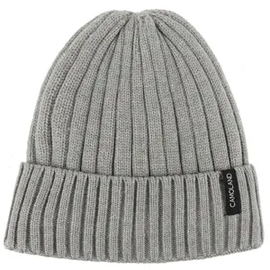 Grey ribbed knit winter beanie hat with cuff and brand tag, warm outdoor thermal cap.