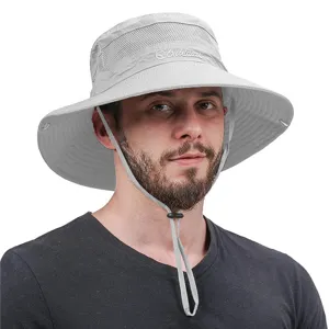 Summer outdoor sun protection bucket hat with breathable mesh and wide brim for men.