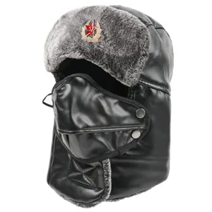Chapeau de Trappeur Chaud d'Hiver Coupe-vent en Cuir PU Ushanka Chapeau de Bomber avec Rabat d'Oreille pour Hommes Femmes