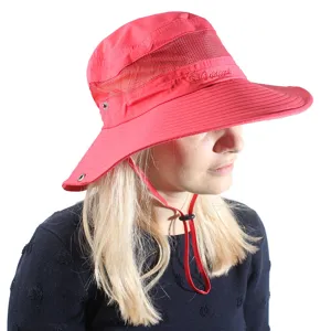 Pink wide brim fisherman hat with mesh and chin strap, perfect outdoor sun protection sun hat.