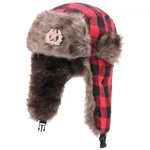 Κόκκινο μαύρο καρό ushanka καπέλο χειμερινό ζεστό αντιανεμικό καπέλο με σοβιετικό σήμα