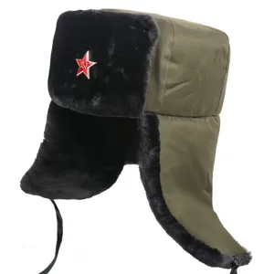 Winter warm Ushanka hat with Soviet red star badge, thick plush ear flaps, military green color.
