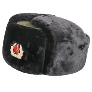 Winter warm ushanka hat with Soviet red star badge thick plush earflap cold weather cap