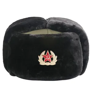 Soviet badge ushanka winter warm hat with earflaps, thick plush windproof cap for outdoor riding.