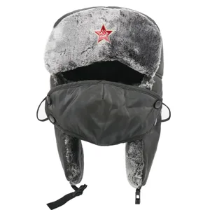 Winter trapper hat with face mask, thick warm windproof ushanka cap with red star badge.