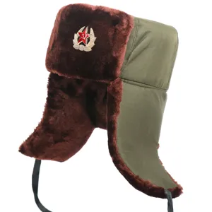 Winter Russian ushanka hat with Soviet red star badge, thick warm earflap cap for outdoor cold.