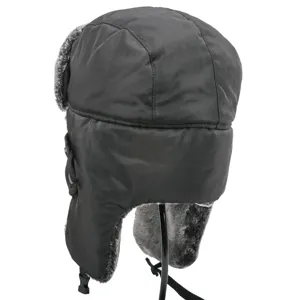 Black winter trapper hat with thick plush faux fur earflaps windproof waterproof warm bomber hat
