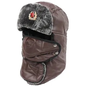 Bonnet ushanka thermique hiver marron en cuir avec emblème soviétique cache-oreilles coupe-vent
