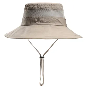 Outdoor sun protection bucket hat with breathable mesh and windproof rope for summer.