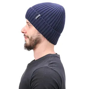 Men's winter fleece lined knitted beanie hat, dark blue ribbed thermal cap for outdoor wear.