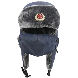 Detailed view of the winter thermal ushanka hat with earflaps, soft grey faux fur trim.