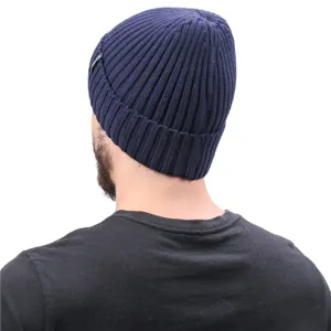 Winter fleece-lined knit beanie for men, stylish warm woolen cap for outdoor cold weather.