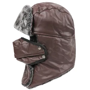 Chapeau aviateur chaud en fausse fourrure d'hiver avec rabats d'oreilles et masque anti-vent.