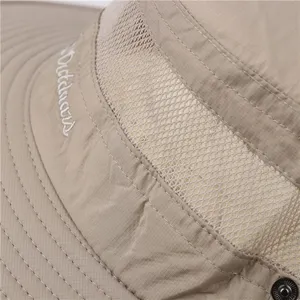 Breathable mesh sun hat detail, wide brim fisherman cap close-up, outdoor summer hiking hat.
