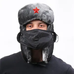 Detailed view of thick fleece ushanka hat with red star, windproof and waterproof design.